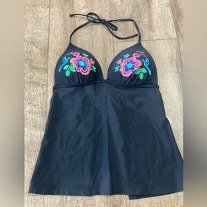 Arizona Jean Company Black tankini halter top with Floral Embroidery